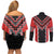 Red Niho Taniwha Mix Poutama Couples Matching Off Shoulder Short Dress and Long Sleeve Button Shirt Unique Taniko Aotearoa