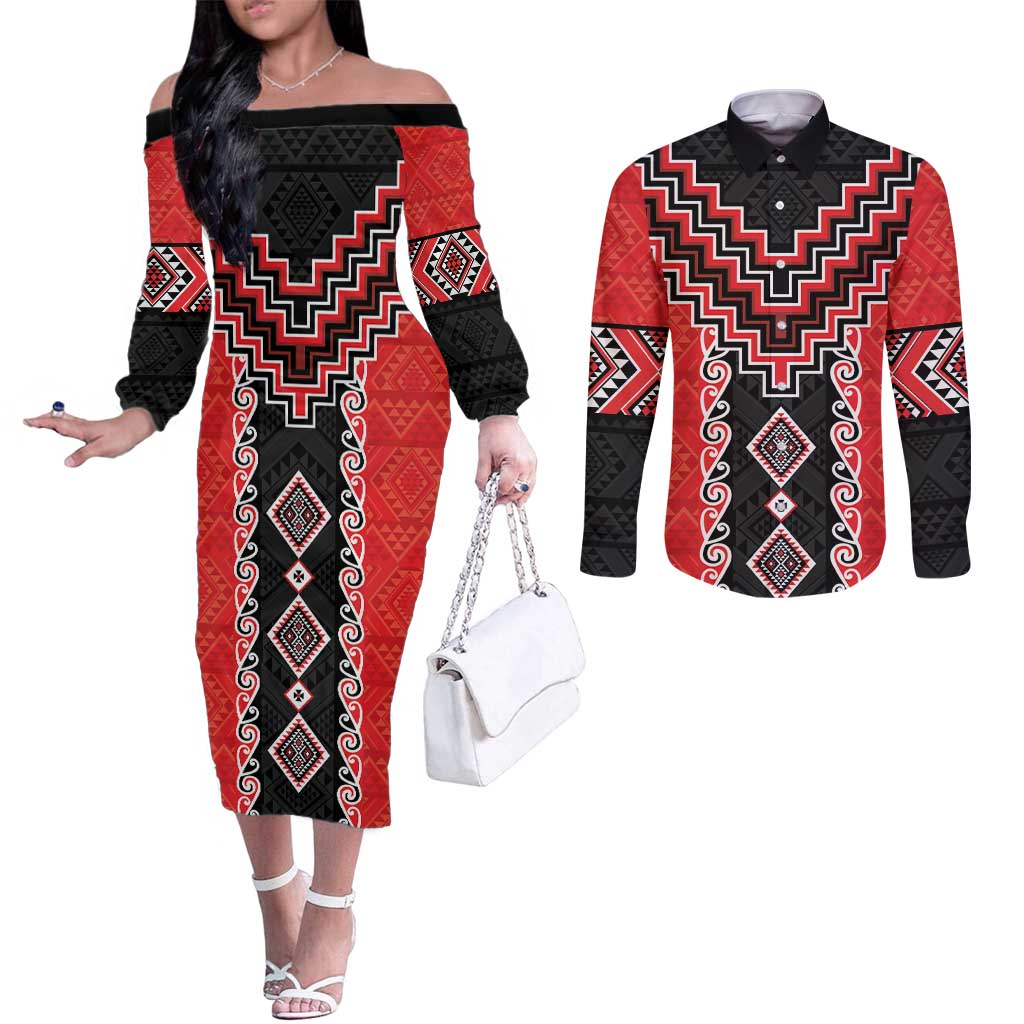 Red Niho Taniwha Mix Poutama Couples Matching Off The Shoulder Long Sleeve Dress and Long Sleeve Button Shirt Unique Taniko Aotearoa LT01 Red - Polynesian Pride