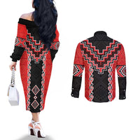 Red Niho Taniwha Mix Poutama Couples Matching Off The Shoulder Long Sleeve Dress and Long Sleeve Button Shirt Unique Taniko Aotearoa LT01 - Polynesian Pride