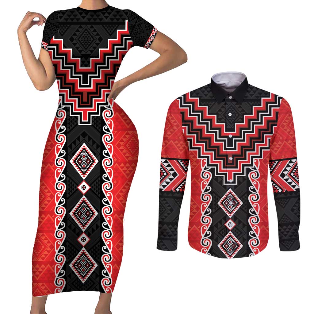 Red Niho Taniwha Mix Poutama Couples Matching Short Sleeve Bodycon Dress and Long Sleeve Button Shirt Unique Taniko Aotearoa