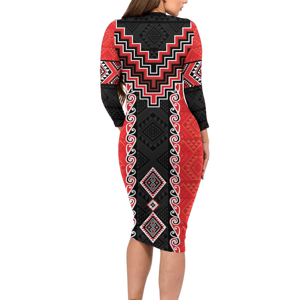 Red Niho Taniwha Mix Poutama Family Matching Long Sleeve Bodycon Dress and Hawaiian Shirt Unique Taniko Aotearoa