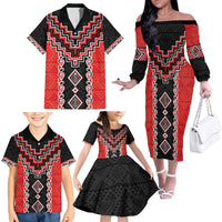 Red Niho Taniwha Mix Poutama Family Matching Off The Shoulder Long Sleeve Dress and Hawaiian Shirt Unique Taniko Aotearoa