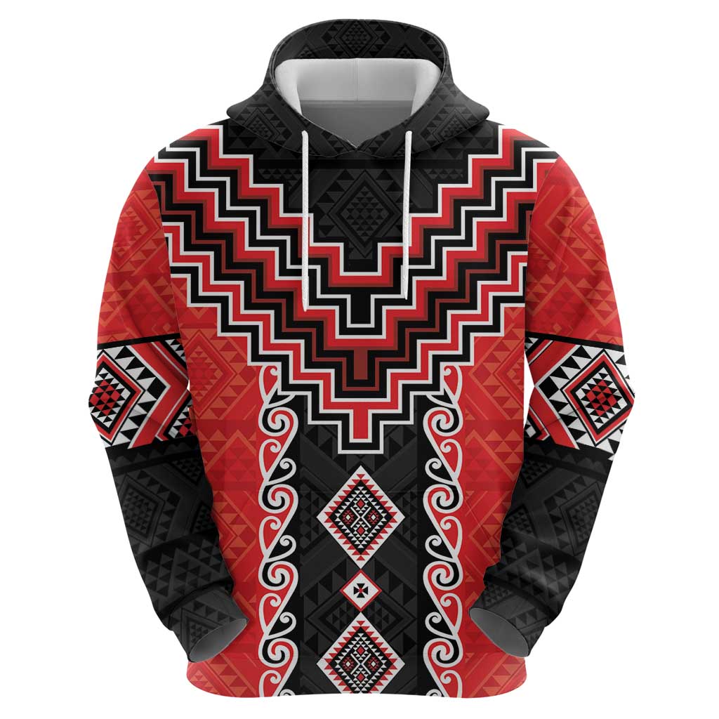 Red Niho Taniwha Mix Poutama Hoodie Unique Taniko Aotearoa