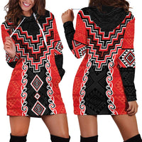 Red Niho Taniwha Mix Poutama Hoodie Dress Unique Taniko Aotearoa