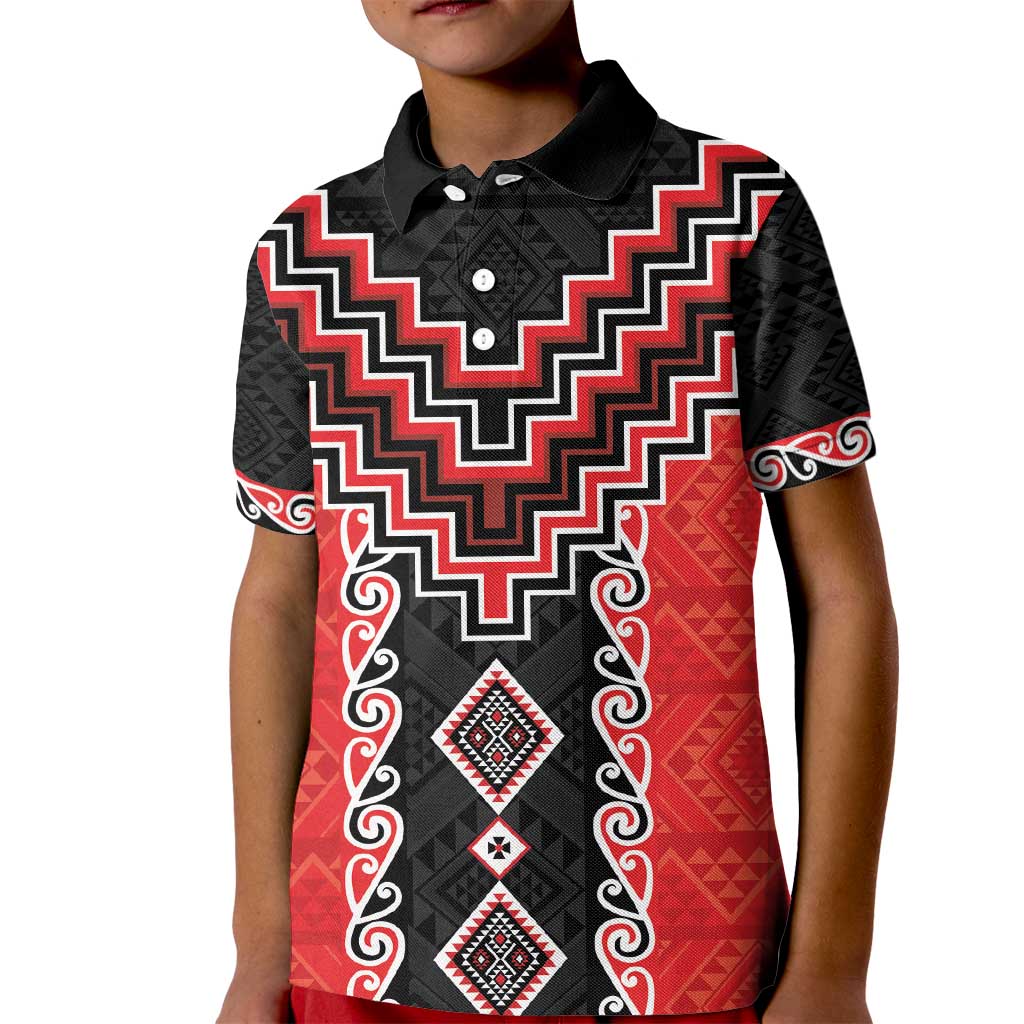 Red Niho Taniwha Mix Poutama Kid Polo Shirt Unique Taniko Aotearoa