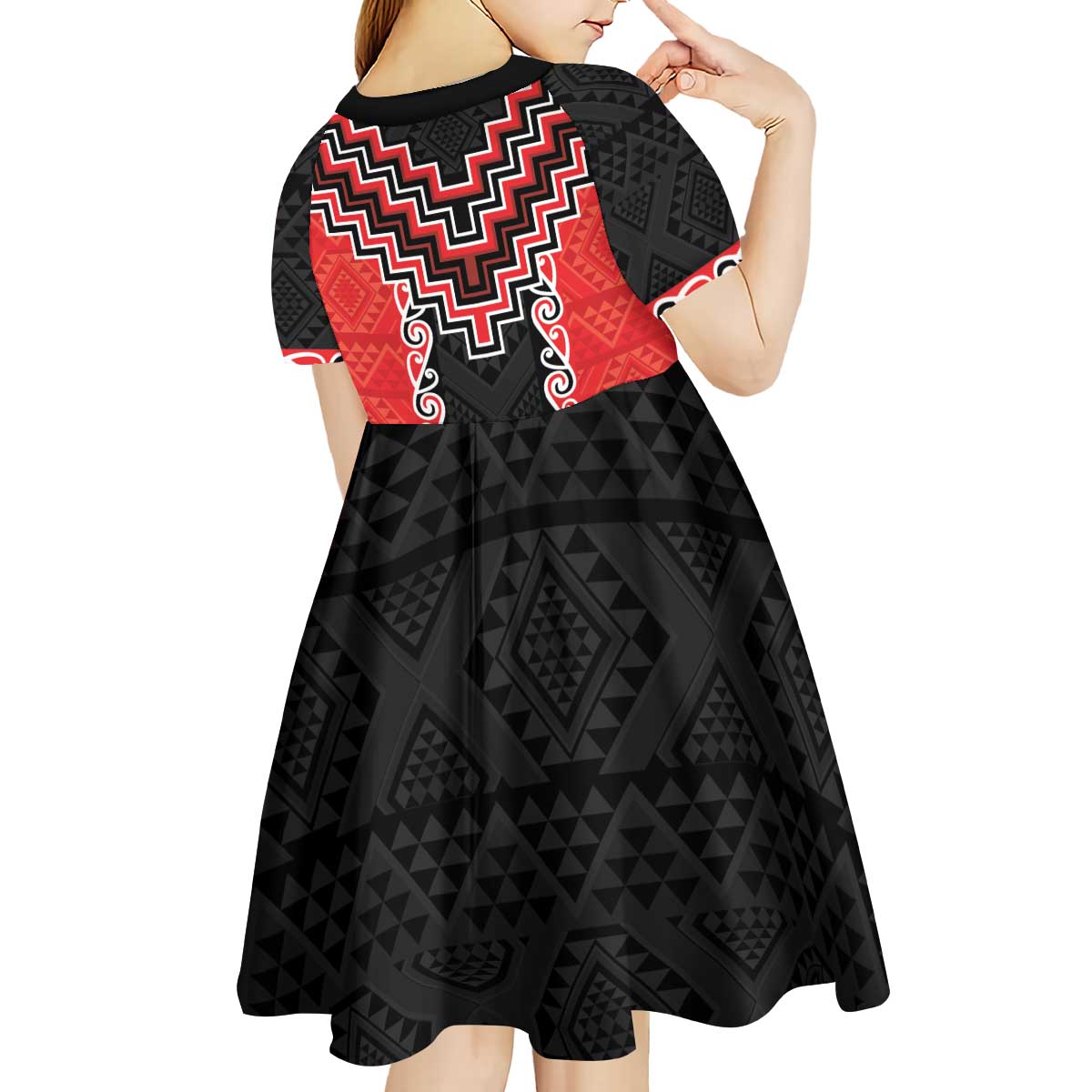 Red Niho Taniwha Mix Poutama Kid Short Sleeve Dress Unique Taniko Aotearoa