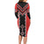 Red Niho Taniwha Mix Poutama Long Sleeve Bodycon Dress Unique Taniko Aotearoa