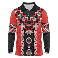 Red Niho Taniwha Mix Poutama Long Sleeve Polo Shirt Unique Taniko Aotearoa LT01 Red - Polynesian Pride