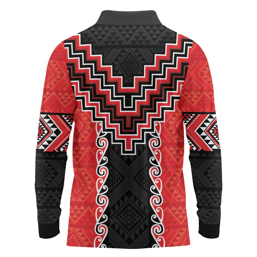 Red Niho Taniwha Mix Poutama Long Sleeve Polo Shirt Unique Taniko Aotearoa LT01 - Polynesian Pride