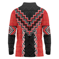 Red Niho Taniwha Mix Poutama Long Sleeve Polo Shirt Unique Taniko Aotearoa LT01 - Polynesian Pride