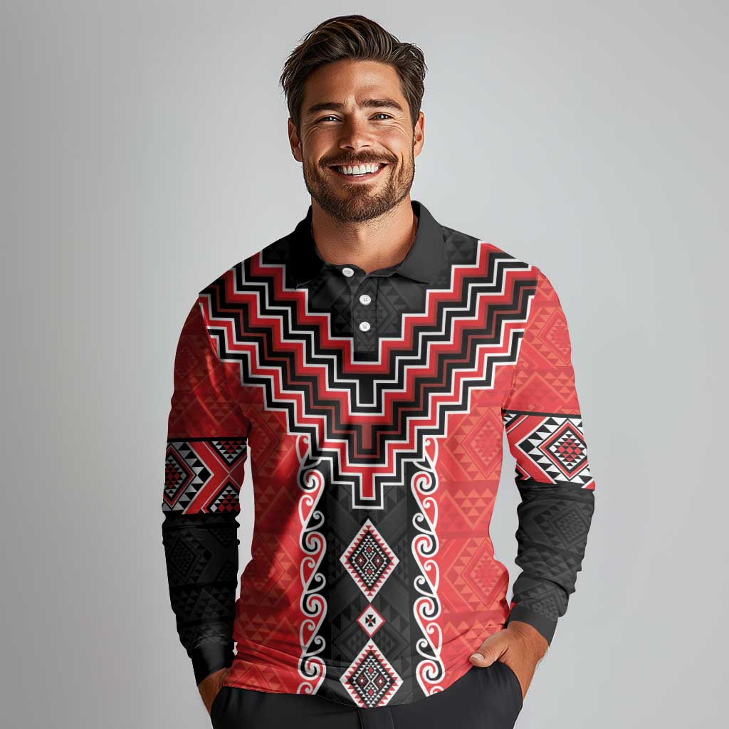 Red Niho Taniwha Mix Poutama Long Sleeve Polo Shirt Unique Taniko Aotearoa LT01 - Polynesian Pride