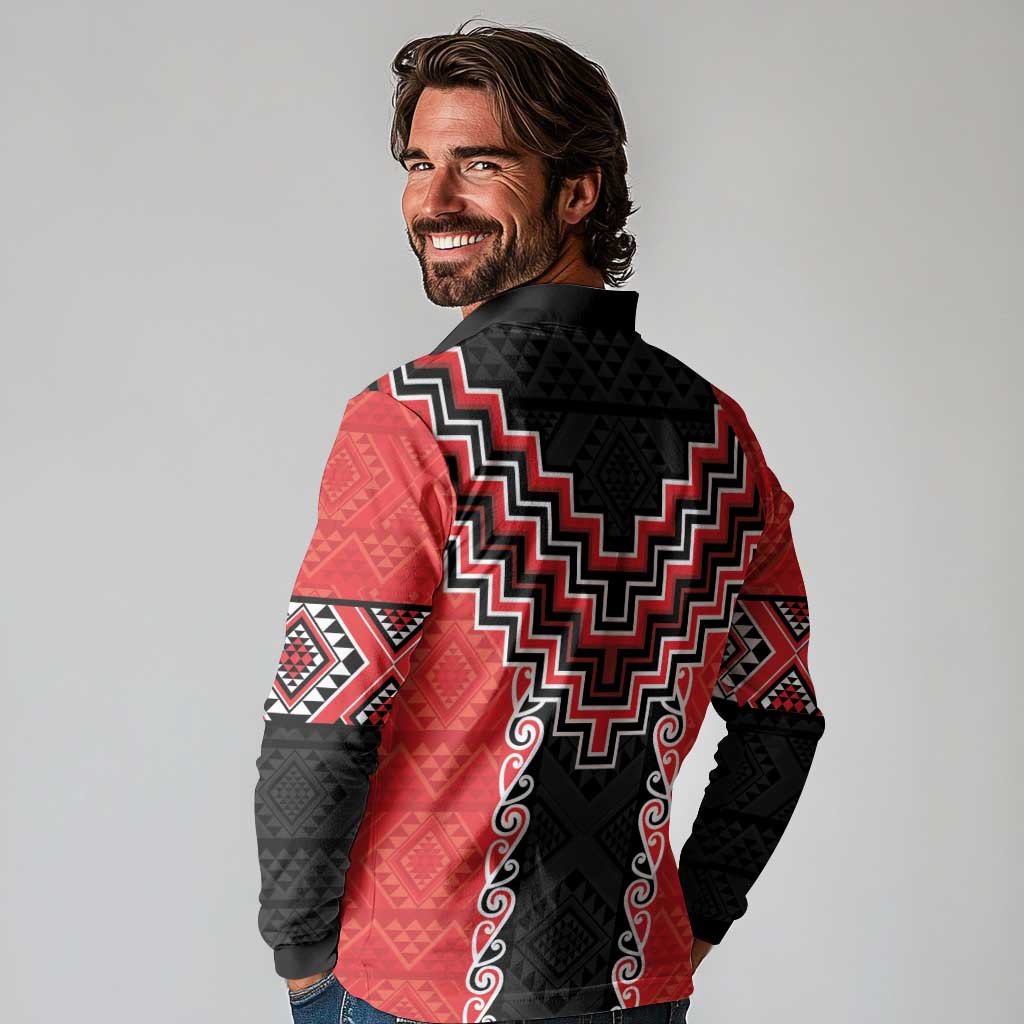 Red Niho Taniwha Mix Poutama Long Sleeve Polo Shirt Unique Taniko Aotearoa LT01 - Polynesian Pride