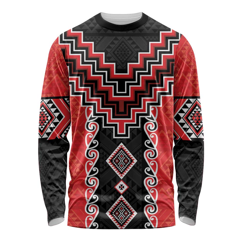 Red Niho Taniwha Mix Poutama Long Sleeve Shirt Unique Taniko Aotearoa