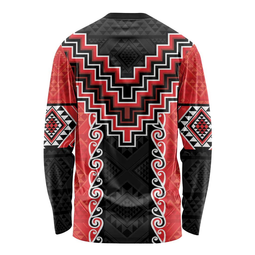 Red Niho Taniwha Mix Poutama Long Sleeve Shirt Unique Taniko Aotearoa