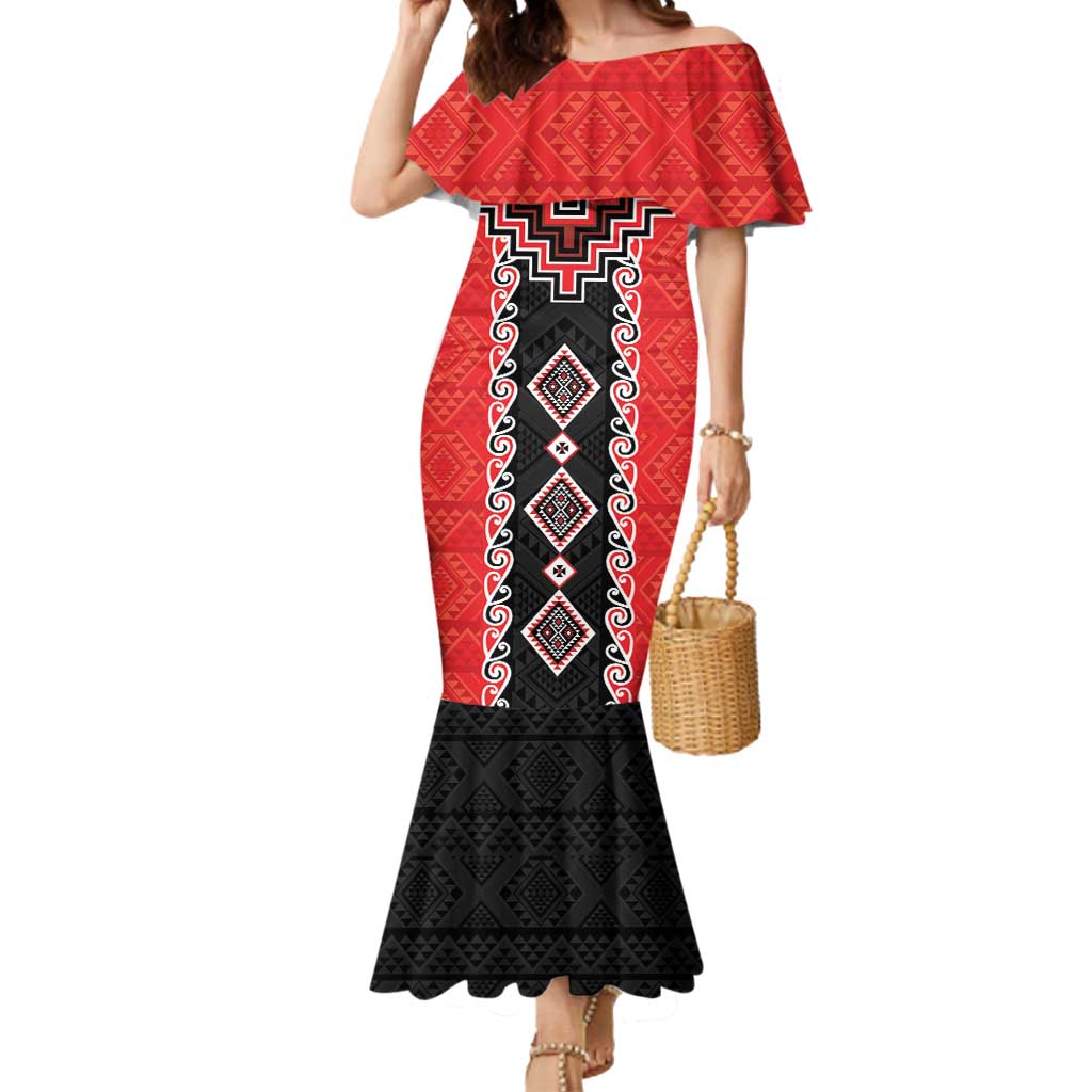 Red Niho Taniwha Mix Poutama Mermaid Dress Unique Taniko Aotearoa LT01 Women Red - Polynesian Pride