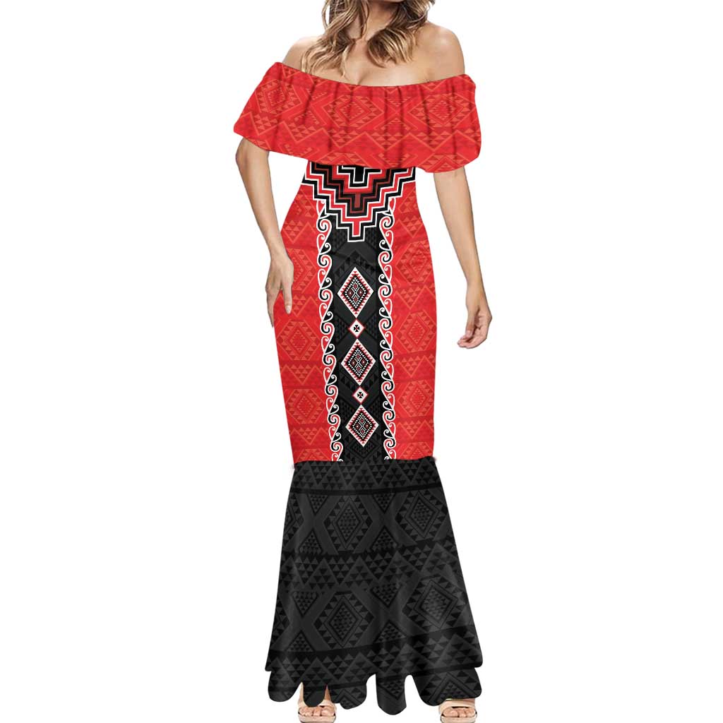 Red Niho Taniwha Mix Poutama Mermaid Dress Unique Taniko Aotearoa LT01 - Polynesian Pride