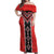 Red Niho Taniwha Mix Poutama Off Shoulder Maxi Dress Unique Taniko Aotearoa