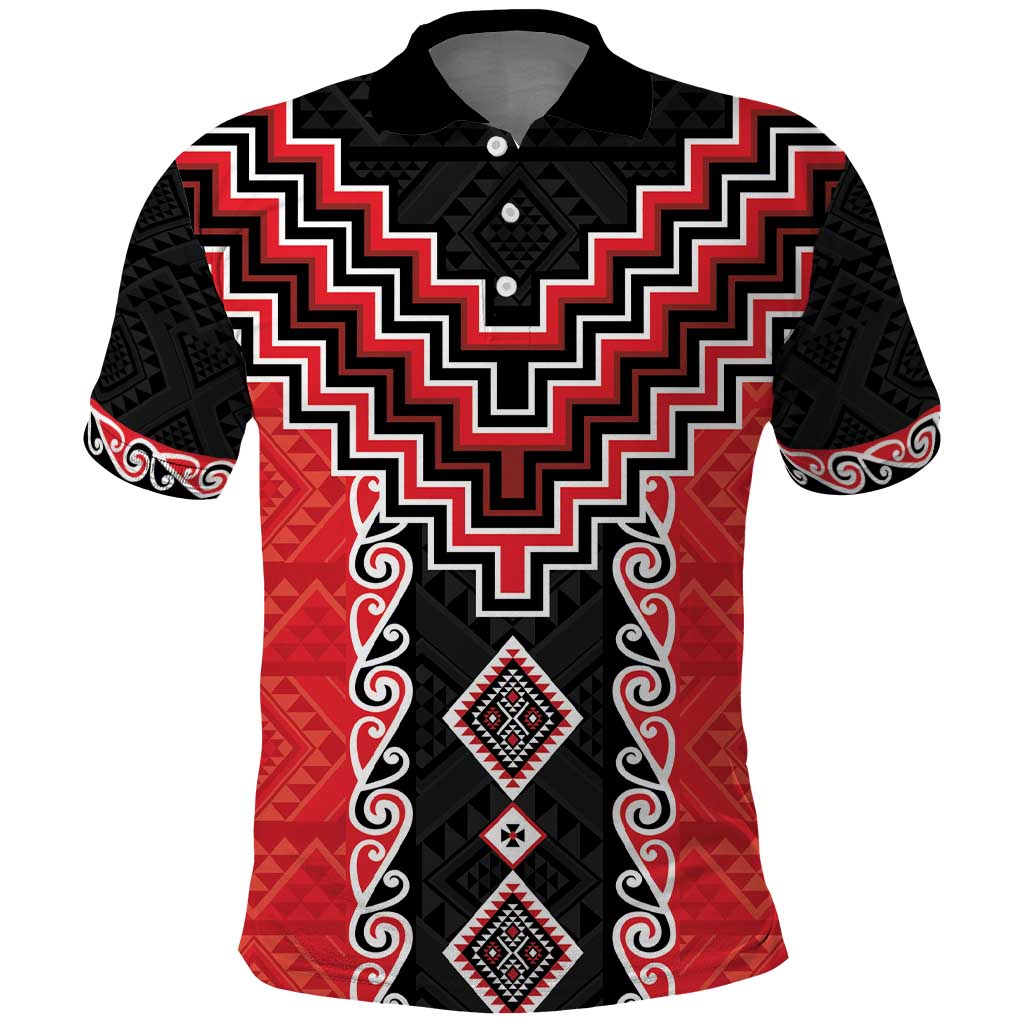 Red Niho Taniwha Mix Poutama Polo Shirt Unique Taniko Aotearoa