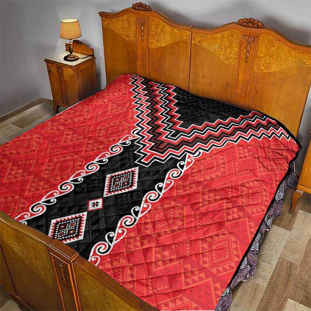 Red Niho Taniwha Mix Poutama Quilt Unique Taniko Aotearoa