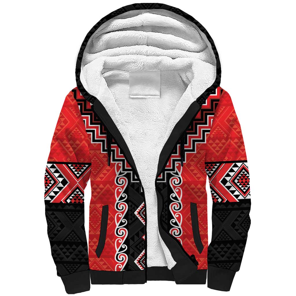 Red Niho Taniwha Mix Poutama Sherpa Hoodie Unique Taniko Aotearoa