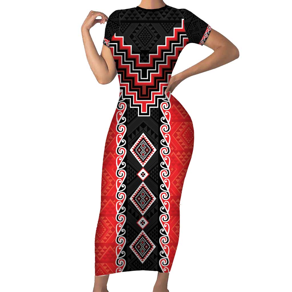 Red Niho Taniwha Mix Poutama Short Sleeve Bodycon Dress Unique Taniko Aotearoa