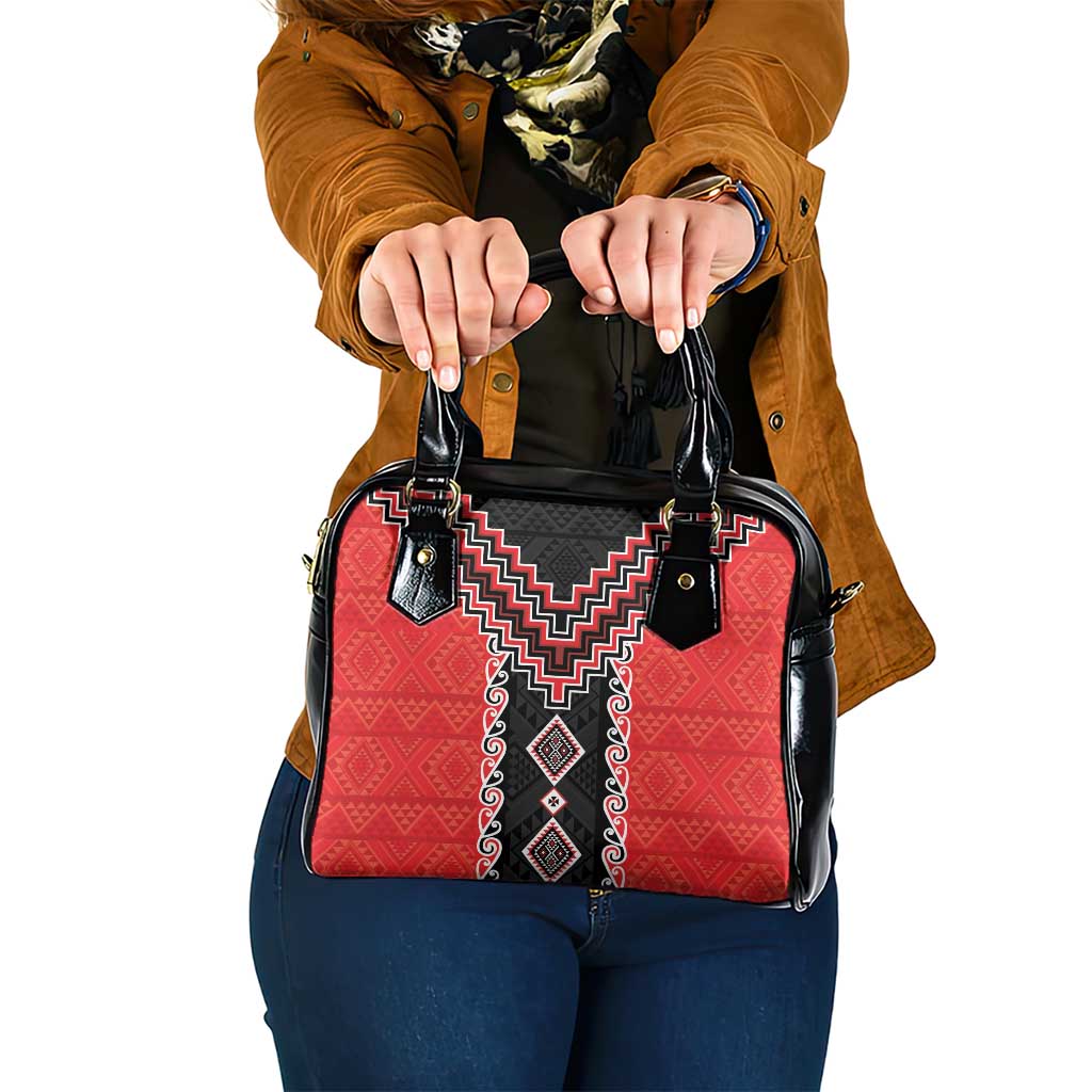 Red Niho Taniwha Mix Poutama Shoulder Handbag Unique Taniko Aotearoa