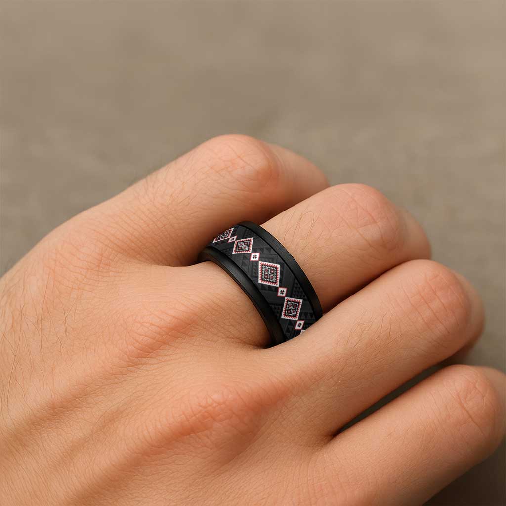 Red Niho Taniwha Mix Poutama Spinner Ring Unique Taniko Aotearoa - Polynesian Pride