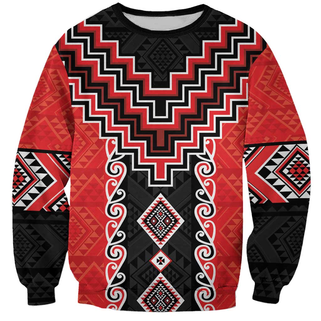 Red Niho Taniwha Mix Poutama Sweatshirt Unique Taniko Aotearoa