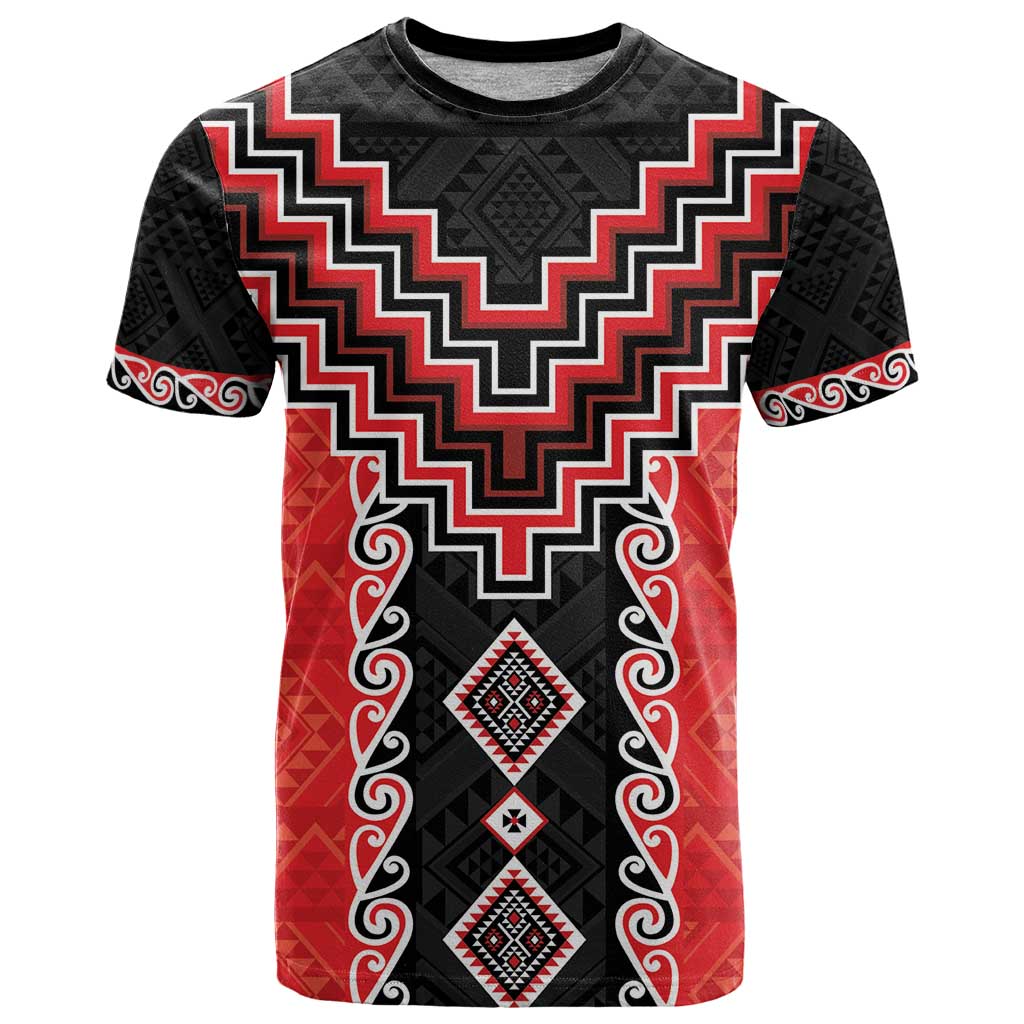 Red Niho Taniwha Mix Poutama T Shirt Unique Taniko Aotearoa