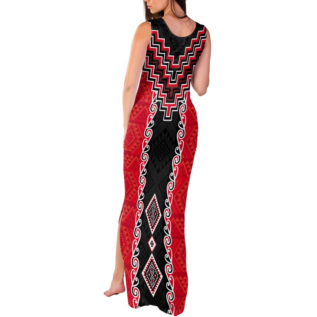 Red Niho Taniwha Mix Poutama Tank Maxi Dress Unique Taniko Aotearoa