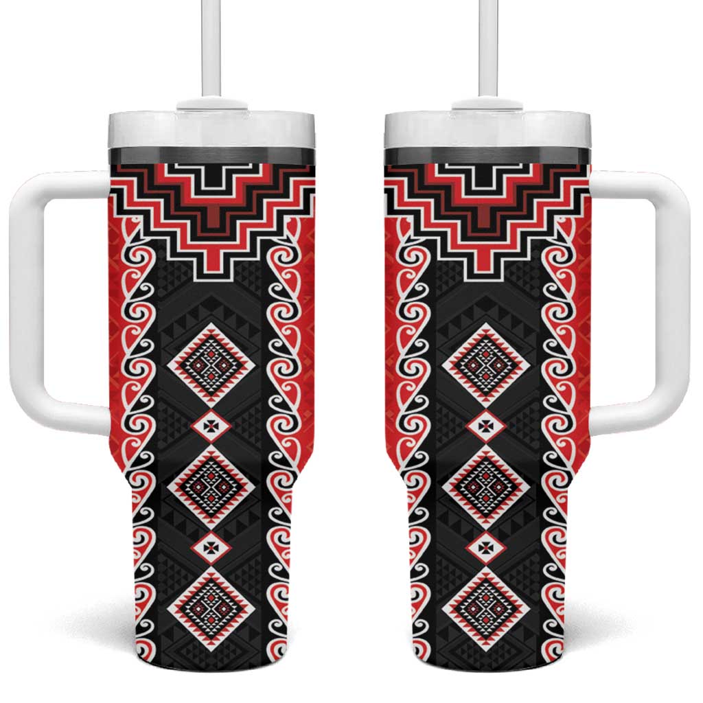 Red Niho Taniwha Mix Poutama Tumbler With Handle Unique Taniko Aotearoa