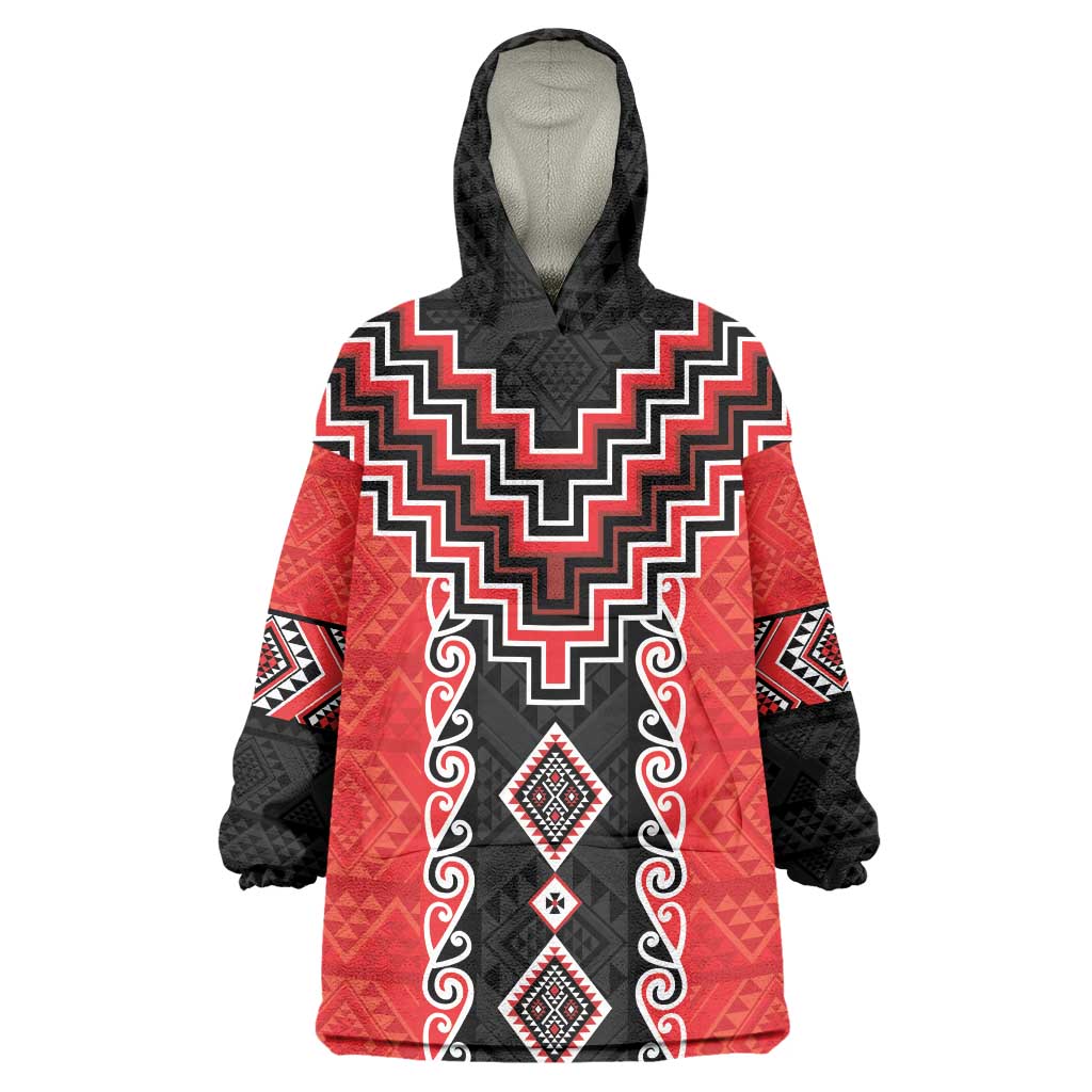 Red Niho Taniwha Mix Poutama Wearable Blanket Hoodie Unique Taniko Aotearoa