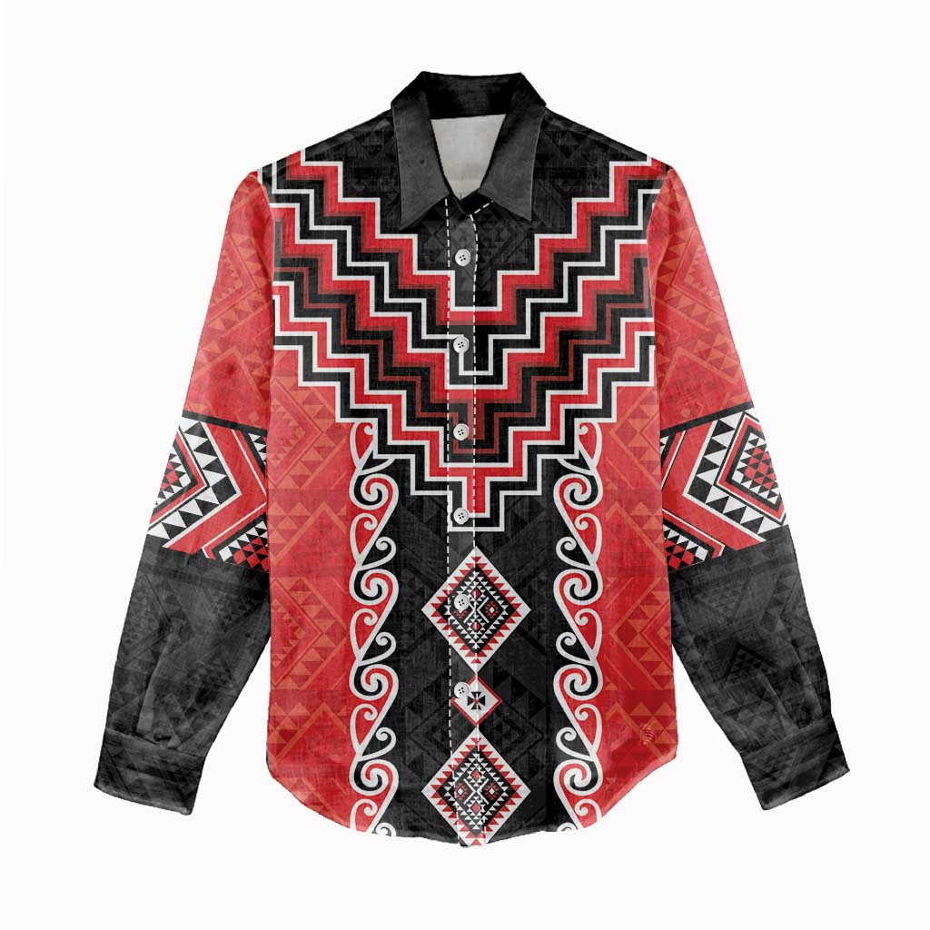 Red Niho Taniwha Mix Poutama Women Casual Shirt Unique Taniko Aotearoa