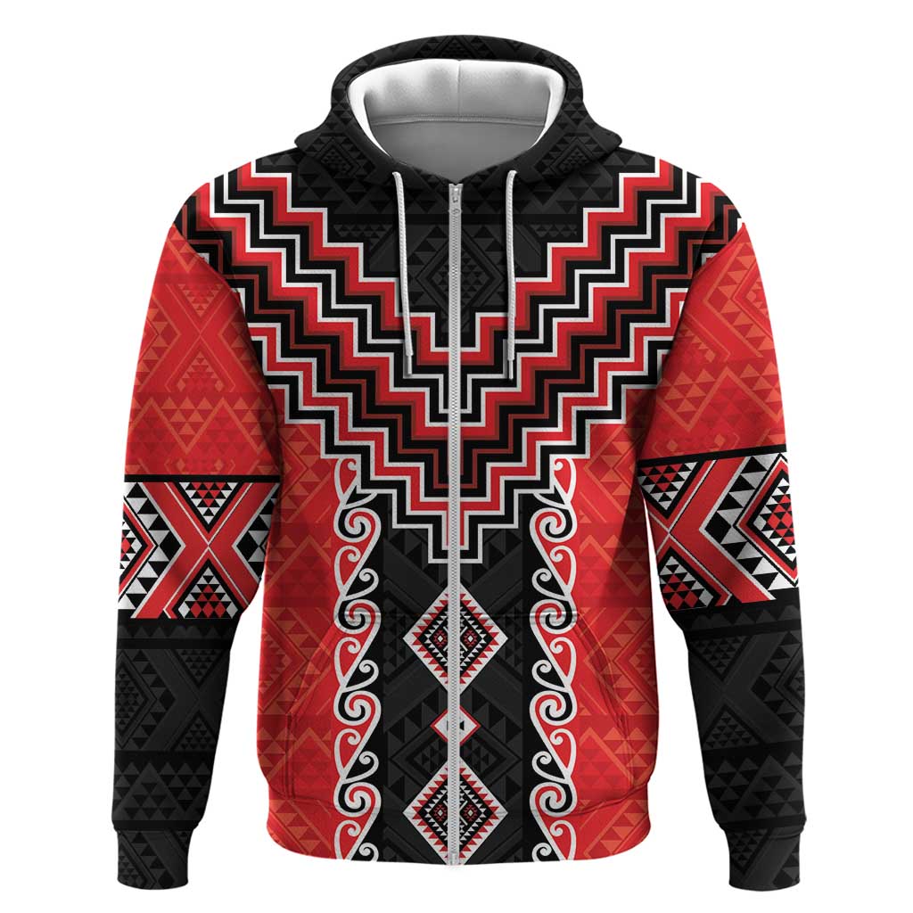 Red Niho Taniwha Mix Poutama Zip Hoodie Unique Taniko Aotearoa