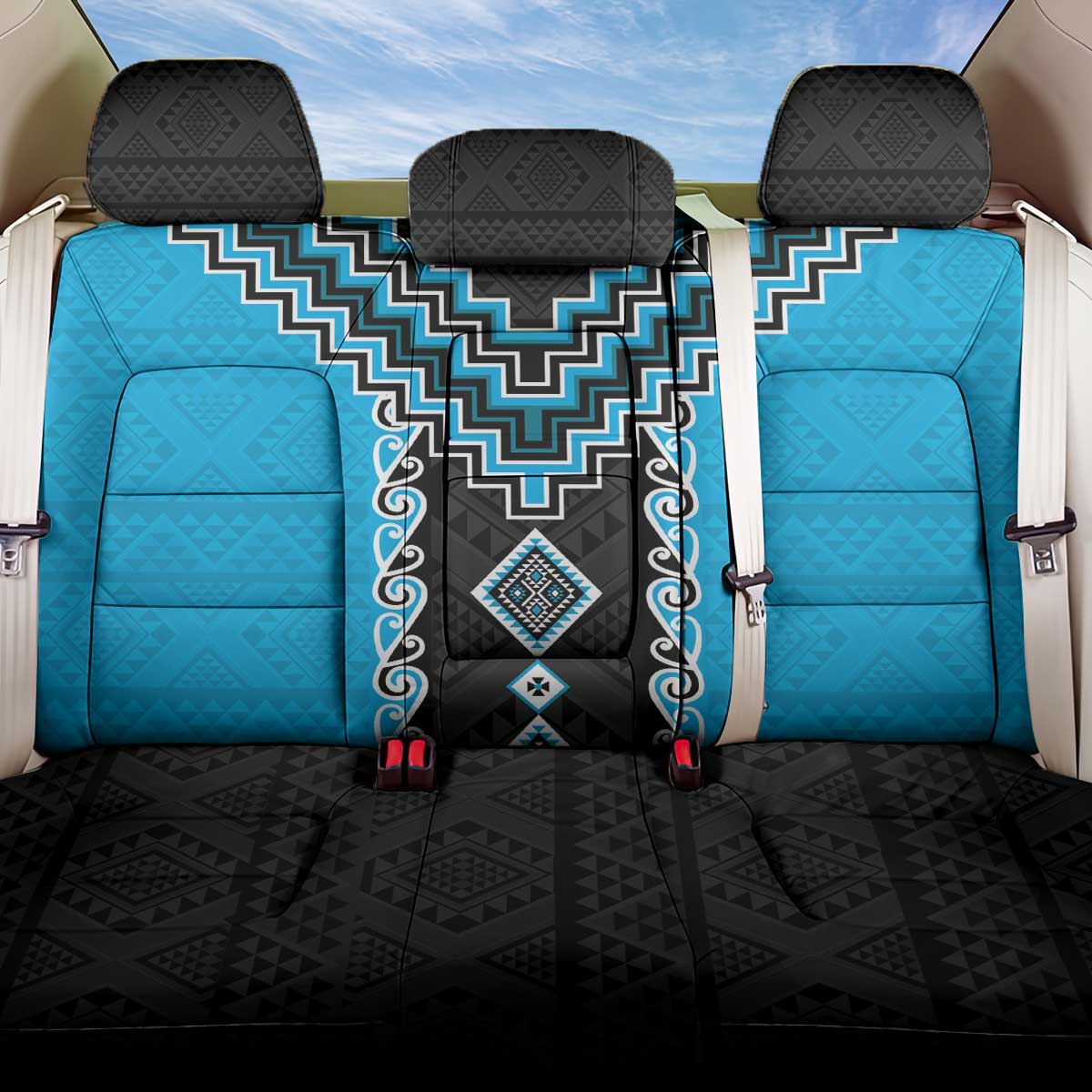 Sky Blue Niho Taniwha Mix Poutama Back Car Seat Cover Unique Taniko Aotearoa