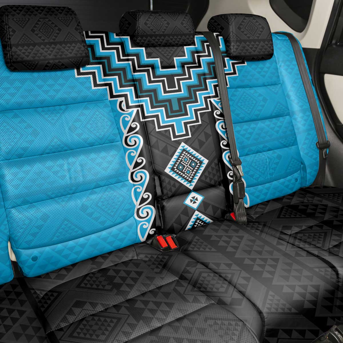 Sky Blue Niho Taniwha Mix Poutama Back Car Seat Cover Unique Taniko Aotearoa