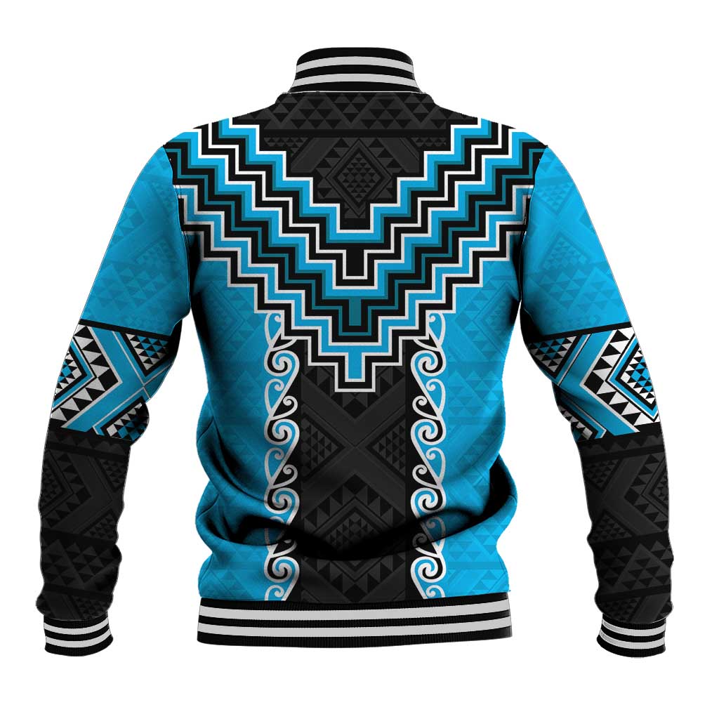 Sky Blue Niho Taniwha Mix Poutama Baseball Jacket Unique Taniko Aotearoa