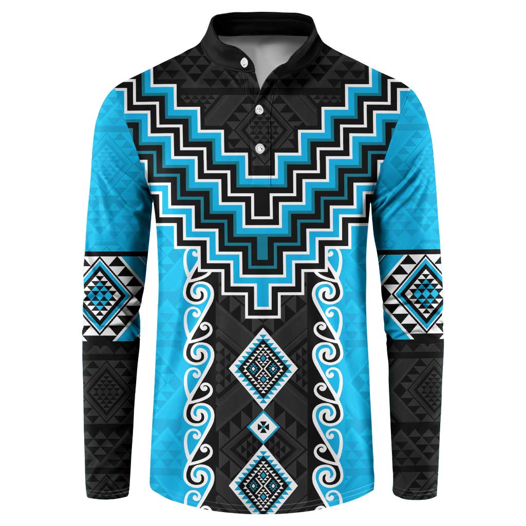 Sky Blue Niho Taniwha Mix Poutama Button Sweatshirt Unique Taniko Aotearoa
