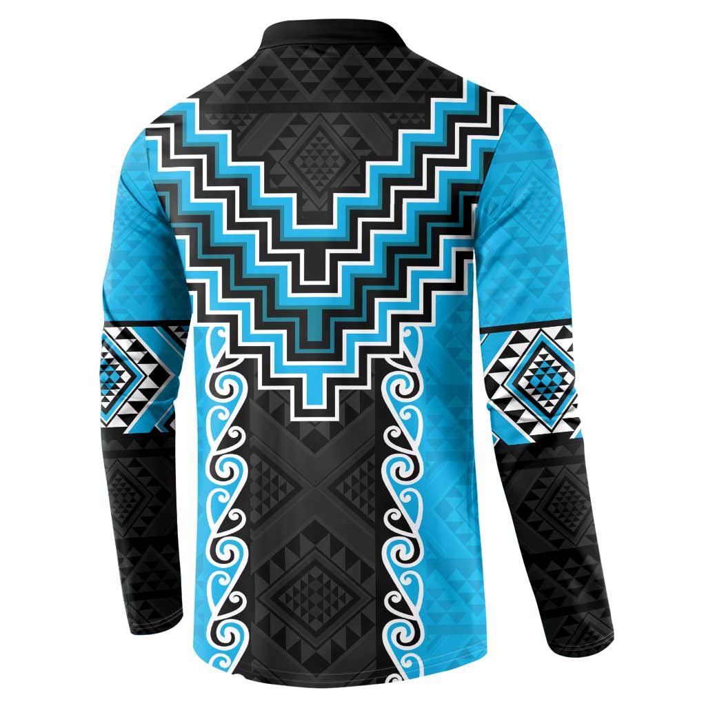 Sky Blue Niho Taniwha Mix Poutama Button Sweatshirt Unique Taniko Aotearoa