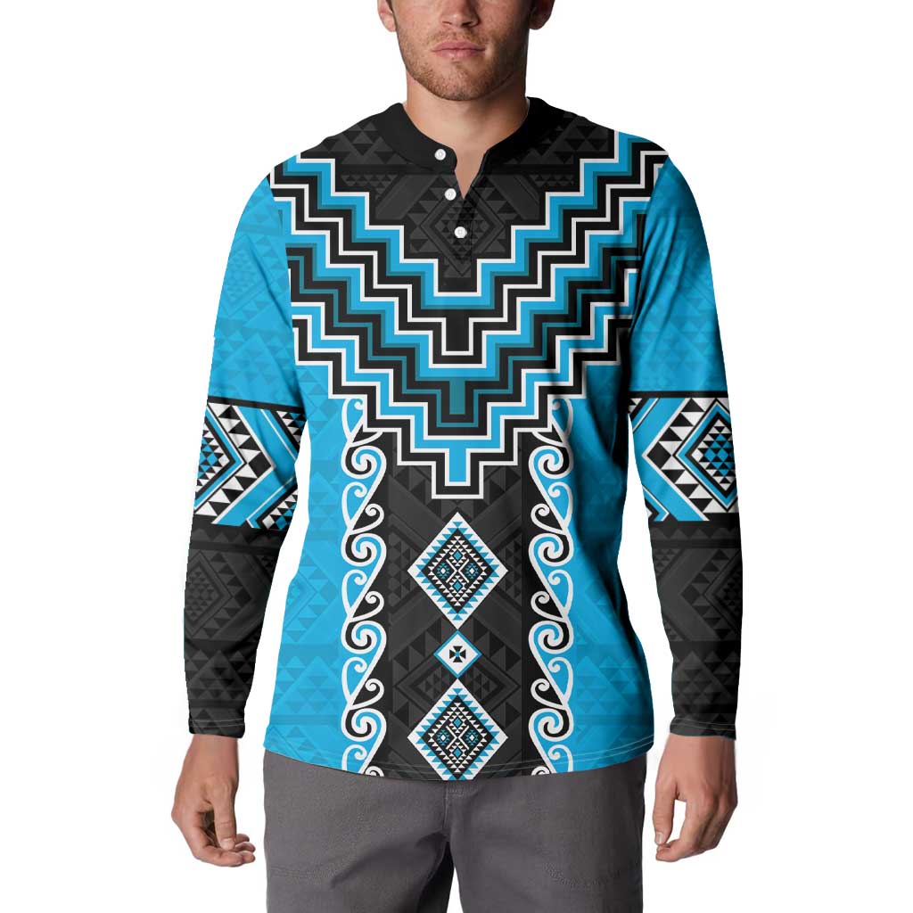 Sky Blue Niho Taniwha Mix Poutama Button Sweatshirt Unique Taniko Aotearoa