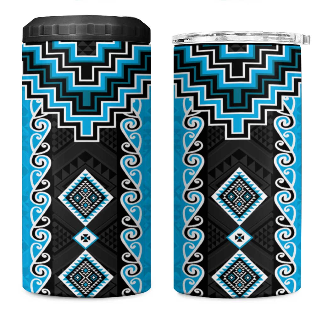 Sky Blue Niho Taniwha Mix Poutama 4 in 1 Can Cooler Tumbler Unique Taniko Aotearoa