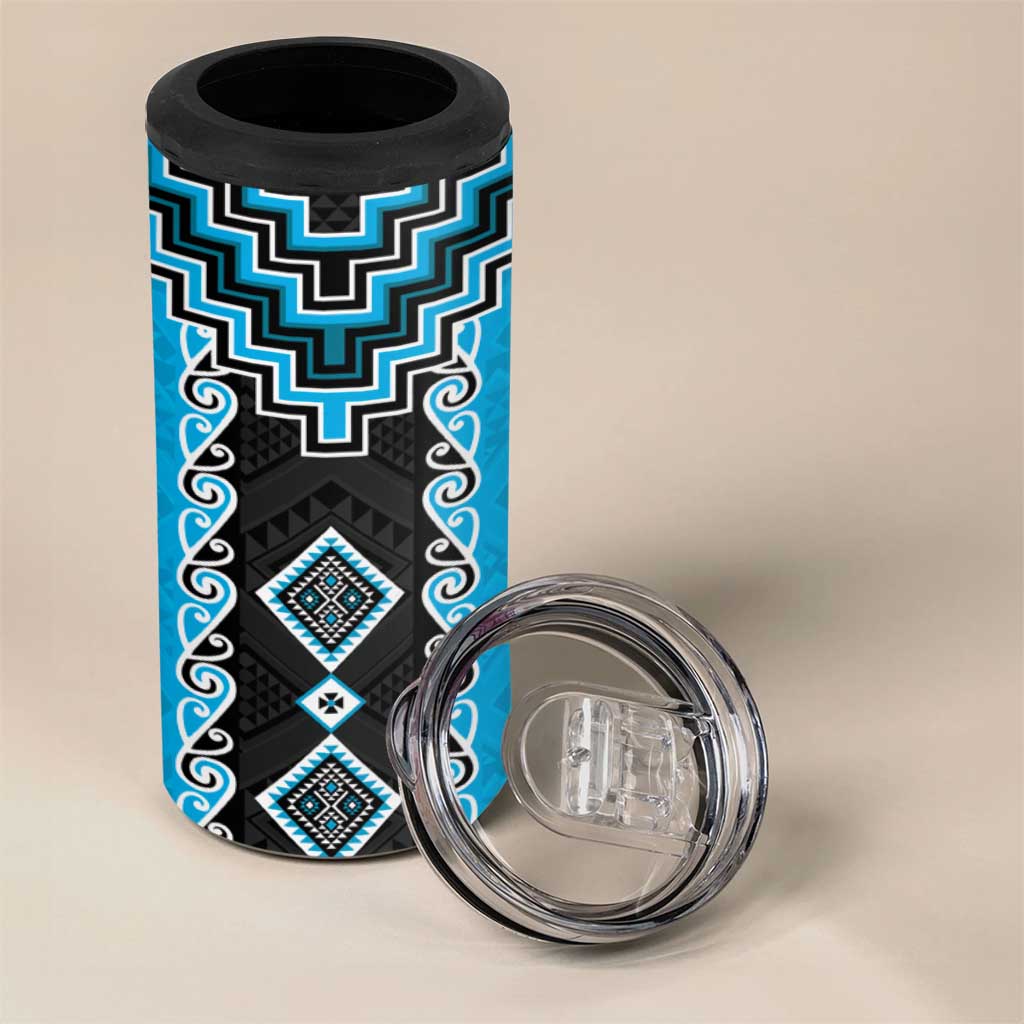 Sky Blue Niho Taniwha Mix Poutama 4 in 1 Can Cooler Tumbler Unique Taniko Aotearoa