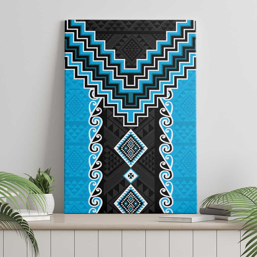 Sky Blue Niho Taniwha Mix Poutama Canvas Wall Art Unique Taniko Aotearoa