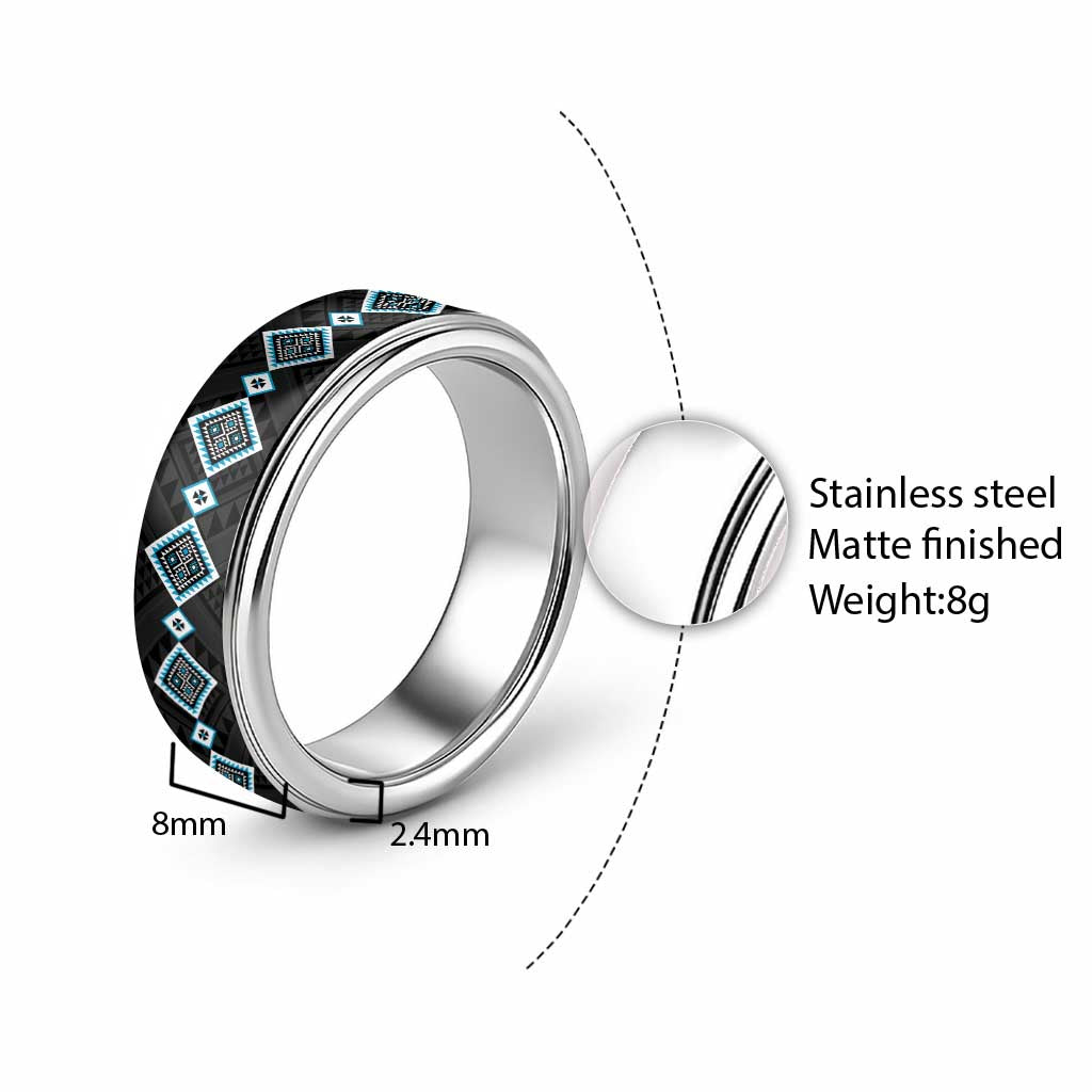 Sky Blue Niho Taniwha Mix Poutama Classic Ring Unique Taniko Aotearoa - Polynesian Pride