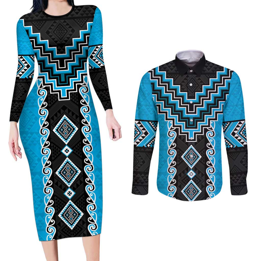 Sky Blue Niho Taniwha Mix Poutama Couples Matching Long Sleeve Bodycon Dress and Long Sleeve Button Shirt Unique Taniko Aotearoa