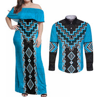 Sky Blue Niho Taniwha Mix Poutama Couples Matching Off Shoulder Maxi Dress and Long Sleeve Button Shirt Unique Taniko Aotearoa