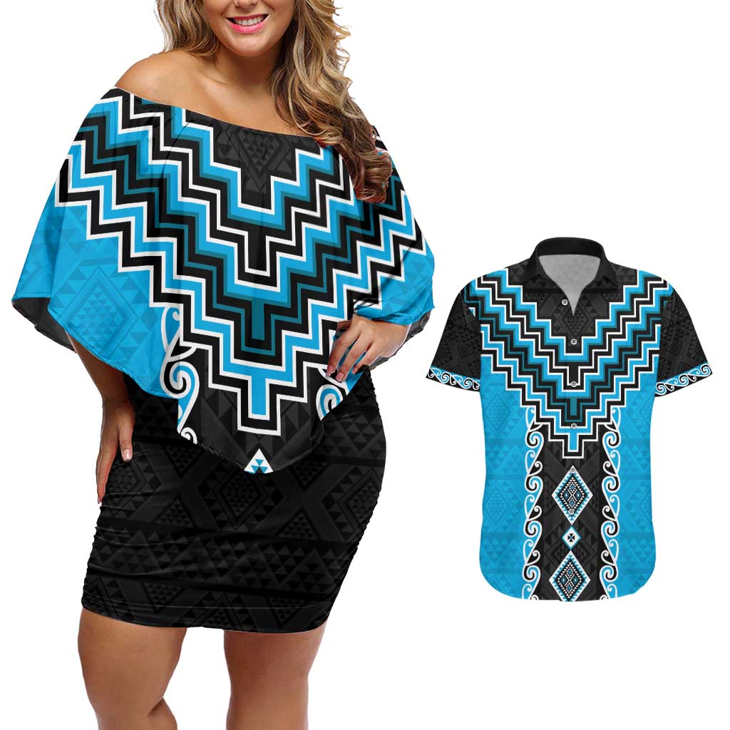 Sky Blue Niho Taniwha Mix Poutama Couples Matching Off Shoulder Short Dress and Hawaiian Shirt Unique Taniko Aotearoa