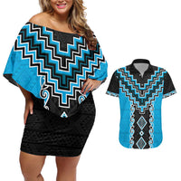 Sky Blue Niho Taniwha Mix Poutama Couples Matching Off Shoulder Short Dress and Hawaiian Shirt Unique Taniko Aotearoa