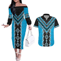 Sky Blue Niho Taniwha Mix Poutama Couples Matching Off The Shoulder Long Sleeve Dress and Hawaiian Shirt Unique Taniko Aotearoa