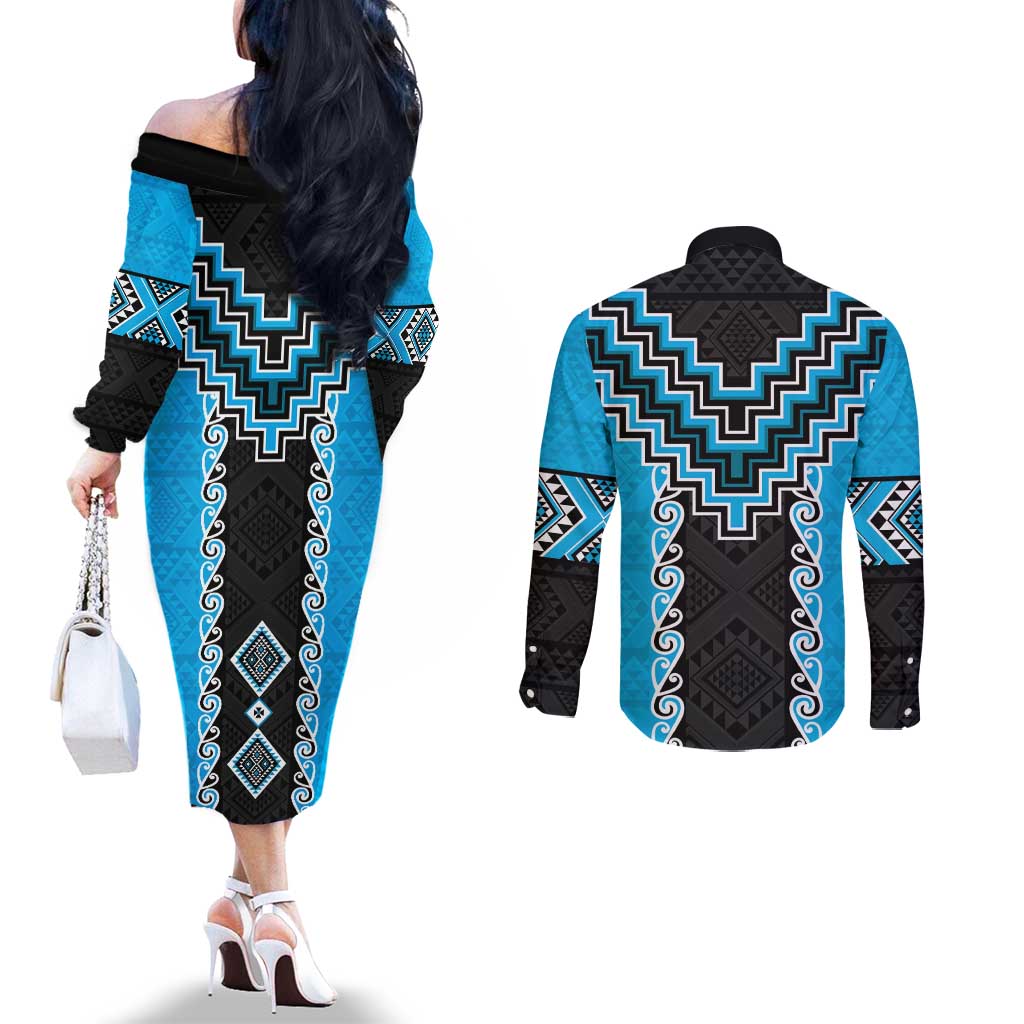 Sky Blue Niho Taniwha Mix Poutama Couples Matching Off The Shoulder Long Sleeve Dress and Long Sleeve Button Shirt Unique Taniko Aotearoa